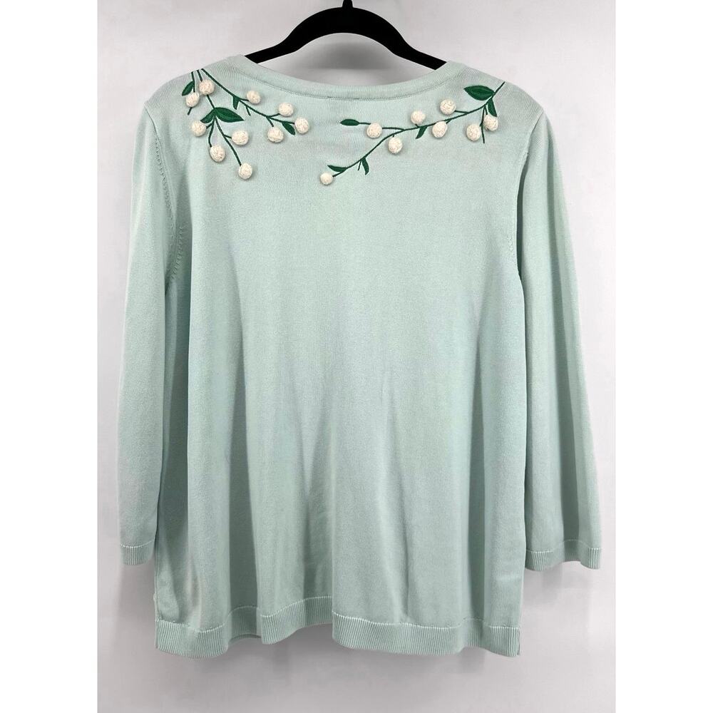 Talbots Floral Embroidered Cardigan Sweater Size 2Xp Mint Green Pom Pom Detail - Picture 2 of 12
